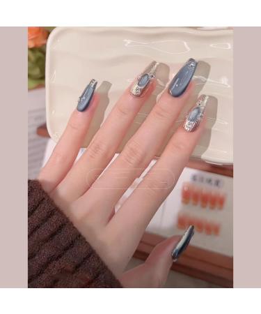 Handmade manicure finished fake nail patches blue cat eye long style wearing nails reusable (Size : XS) 1 count (Pack of 1)