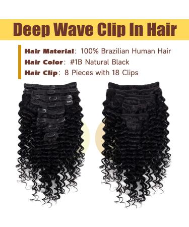 Tahikie 20 Deep Wave Clip in Hair Extensions - Brazilian Remy Human Hair - Natural Black (1B) - 120g - 8Pcs Double Weft with 18 Clips - Thick to Ends - Real Human Hair for Women - Buy Online on GoSupps.com