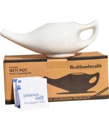 HEALTHANDWEALTH Durable Ceramic Neti Pot - Non-Metallic - Comfortable Grip - Microwave and Dishwasher Friendly + 10 Sachet Neti Salt 225 Ml. (7.6 FL Oz) Capacity (White)