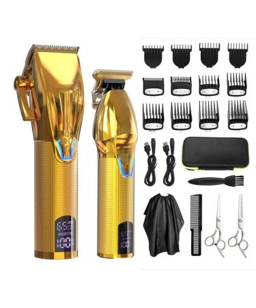 AMULISS Professional Hair Clippers and Zero Gapped Trimmer Kit for Men, Cordless Barber Clipper, Beard Trimmer Haircut Clippers Grooming Set,Rechargeable LCD Display(Golden)
