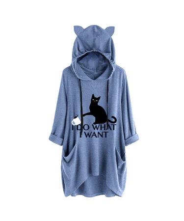 Xia&Han Women Dip Hem Tee Cat Ear Hooded Print Blouse Short Sleeves Shirt Pocket Tops Irregular Tunic X-Large Blue