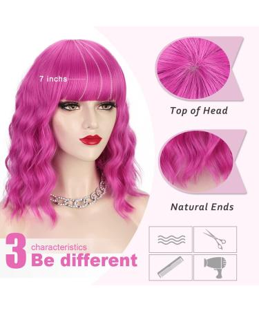 AISI BEAUTY Hot Pink Bob Wavy Wig with Bangs - 14 Inch Synthetic Hair Colorful Wig for Women - Perfect for Halloween Costume & Cosplay - Buy Online on GoSupps.com