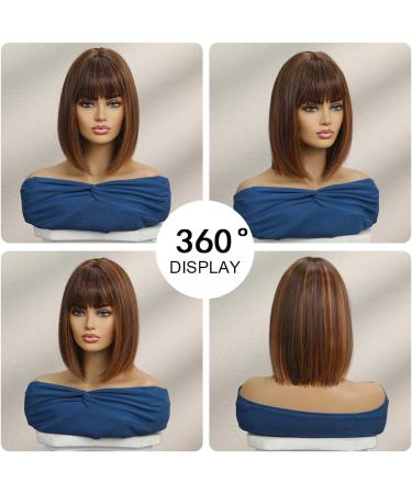 OUFEI Brown mixed Auburn Bob Wig With Bangs Short Straight Wig For Women Synthetic Hair Wigs for Daily Party Cosplay Wear Brown mixed Auburn(9059-2) - Buy Online on GoSupps.com