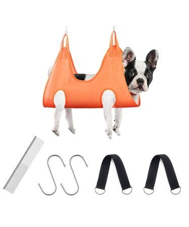 Aucenix Pet Grooming Hammock Harness for Medium Dogs, Breathable Dog Grooming Sling with 4 Hooks, Durable Dog Hammock Restraint Bag Helper for Nail Clipper and Bath Grooming(L) Orange