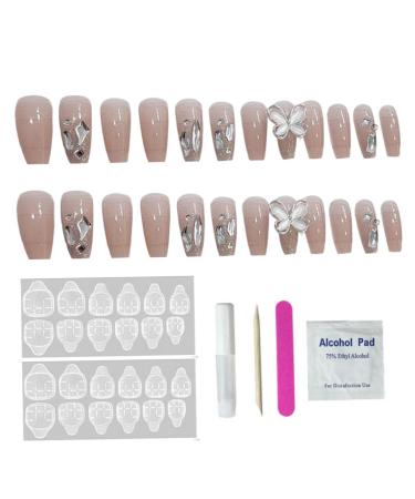 Long Press on Nails French Tip Fake Nails with 3D Butterfly Rhinestones Designs Glossy Full Cover Acrylic Nails for Women Ladies (Style 1) Standard Style 1