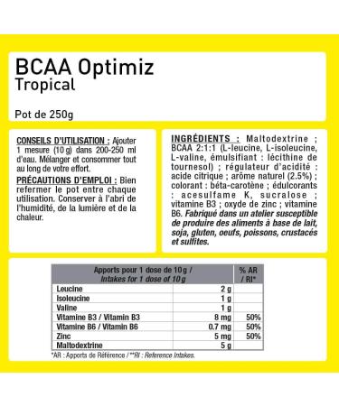 BCAA OPTIMIZ - BCAA 2.1.1 Amino Acids Enriched with Vitamin B + Zinc Helps Reduce Fatigue 250 g French Laboratory Eric Favre Tropical Delight - Buy Online on GoSupps.com