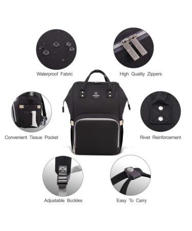 Pipibear Diaper Backpack - Large Capacity Black Nappy Bag with Changing Mat | Ideal for Travel & Baby Care - Buy Online on GoSupps.com
