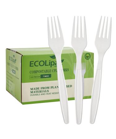 ECOLipak 150 Pcs 100% Compostable Forks, 7" Large Size Biodegradable Disposable Cutlery Forks, Heavy Duty Bio-based CPLA Forks for Party, BBQ, Picnic Forks 150-Pack