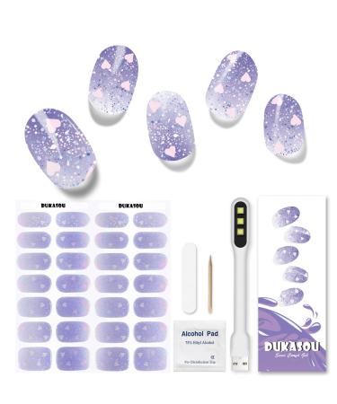 DUKASOU Semi Cured Gel Nail Strips, 28pcs Gradient Flash Powder Gel Nail Strips with UV/LED Light, Long Lasting Gel Nail Stickers Full Nail Wraps for Women Girls Kids Diy Decorations Birthday Party Favor Gifts, Includes Prep Pads, Nail File & Wood Stick