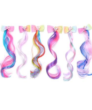 6 Pieces Unicorn Hair Clips Bows with Colored Hair Wigs Curly Ponytails Hair Bows Clips Princess Dress Up Headdress Horsetail Accessories Christmas Multicolor-1