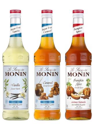 MONIN - Assortiment Vanille Sans Sucre + Caramel Sans Sucre + Sirop de Citrouille Saveur Epic e - Pour Caf Chocolat Chaud Capuccino ou Latte - Ar mes Naturels - Bouteille en Verre - 3 x 70 cl