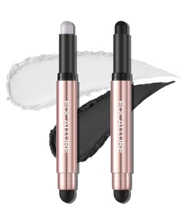 FOCALLURE 2PCS No Crease Eyeshadow Stick Shimmer and Matte Cream Eyeshadow Pencil Crayon Long Lasting Waterproof Eye Brightener Stick With Blending Brush Glistening Midnight