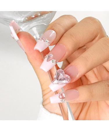 Sethexy French long coffin false nails Handmade Road stones wrong nails 3D crystal love heart nails to press acrylic salon quality nail art removable for women and girls - Buy Online on GoSupps.com
