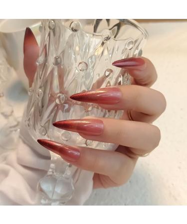 JUSTOTRY 24 Pcs Chrome Stiletto Fake Nails Long Burgundy French Press on Nails Patterns Gradient Almond Stick on Nails for Women Acrylic Extra Long False Nails Long with Glue for Nail Art red&Stiletto1 1 count (Pack of 1)