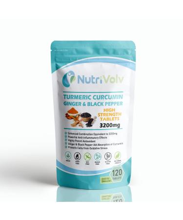 Nutrivolv Turmeric Curcumin 3200mg with Ginger & Black Pepper for Enhanced Absorption | High Strength | Organic | Vegan 120 Tablets | Joint Support Inflammation & Pain Relief