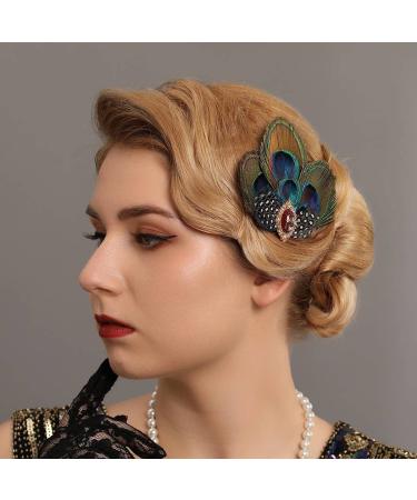 Asooll Peacock Feather Hair Clip - 1920s Flapper Headpiece with Red Crystal - Festival Costume Hair Accessories for Women - Buy Online on GoSupps.com