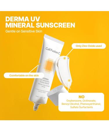 Cell Fusion C Derma UV Mineral Sunscreen SPF 50, Face Sunscreen for Sensitive Skin, Made with 19% of Zinc Oxide, Natural Finish, 50ml / 1.69 fl.oz - Buy Online on GoSupps.com
