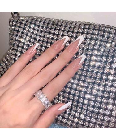 Bufenia shiny ballerina press on the nails coffin artificial nails French tips full cover nails white square false acrylic nails for women and girls 24 pieces