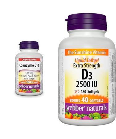 Webber Naturals Coenzyme Q10 (CoQ10) 100mg 60 Softgels & Vitamin D3 2500 IU Extra Strength 180 Softgels For Healthy Bones Teeth and Helps Prevent Vitamin D Deficiency Naturals Coenzyme Q10 + Vitamin D3