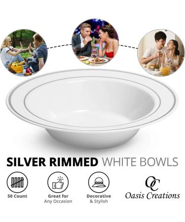 Silver Rimmed White Bowls 5oz - 50 Count - Hard Plastic - Disposable/Reusable - Dessert, Salad, Cereal, Pasta Bowls - Buy Online on GoSupps.com
