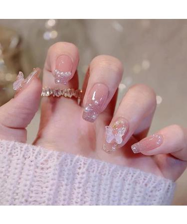 Stereoscopic Butterfly Press on Nails Full Cover Medium Coffin Shape Fake Nails White Pearl Glitter Gold Lines Designs False Nails Acrylic Artificial Nails for Women Stick on Nails Decoration