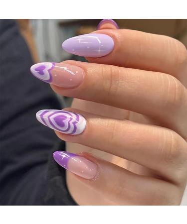 24 Pcs False Nails - Almond Medium Long French Press on Nails - Purple Heart Design Fake Nails with Manicure Tool Kit - Stick on Nails for Women