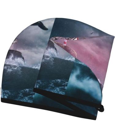 Hair Towel Wrap Quick Drying Turban with Button | Boat Lighthouse Storm Waves Design - Buy Online on GoSupps.com