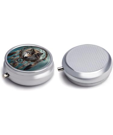 3D Wolf Dream Catcher Round Pill Box - Portable 3 Compartment Medicine Organizer | Decorative Metal Pocket Pill Case - Buy Online on GoSupps.com