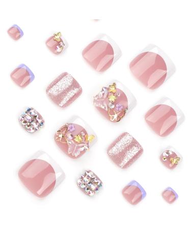 White French Tip Press on Toenails - Short Square Acrylic Toenails with Rhinestone & Gold Butterfly Designs - 24Pcs Summer Glitter Fake Toenails for Women & Girls - Buy Online on GoSupps.com