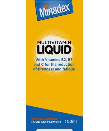 Minadex Multivitamin Liquid for Adults & Kids (Delicious Orange Flavour) 150 ml - Omega-3 & Vitamins A B2 B3 C D E for Reduction of Tiredness and Fatique 150 ml (Pack of 1)