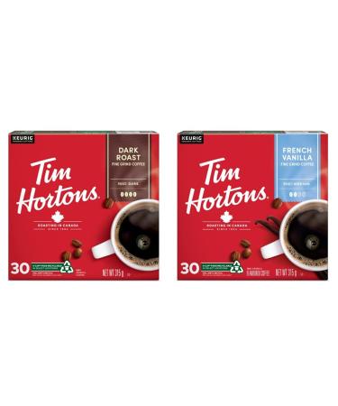 Tim Hortons Dark Roast Coffee Single Serve Keurig K Cup Pods 30 Count & French Vanilla Coffee Keurig K-Cup Pods Flavoured Medium Roast 30 Count (Imported from Canada)