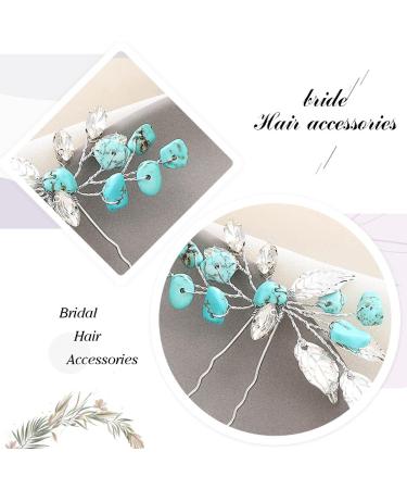 Turquoise Wedding Hair Pins - Silver Leaf Headpiece for Women and Girls (Pack of 2) - Buy Online on GoSupps.com