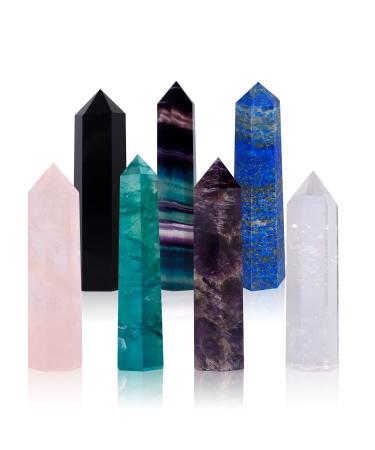 Crystal Wands | 3" Healing Amethyst, Rose Quartz,Clear Quartz,Black Obsidian,Green Fluorite, Lapis Lazuli,Rainbow Fluorite| 6 Faceted Reiki Chakra Meditation Therapy,7 PCS Multi Color Quartz Crystal Wands 3" Tall
