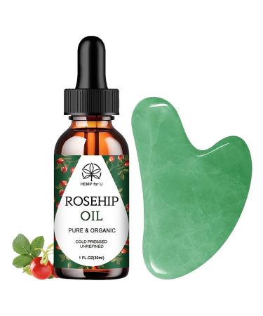 Gua Sha Massage Tools & Rosehip Oil in One Set, Nature Jade Stone Facial Gua sha Products for Skin Massage, Beauty and Moisturizing - with Nice Travel Pouch Green&30ml Rosehip oil