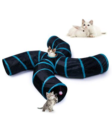 Cat Tunnel, Collapsible Cat Tube with Play Ball, 4 Ways Cat Tunnels for Indoor Cats, Bored Cat Pet Toys Puppy, Kitty, Kitten, Rabbit Black & Blue