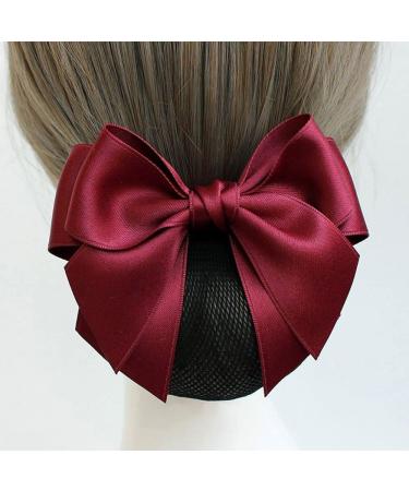Wine Red Women Hair Snood Net Bowknot Decor Barrette Elastic Mesh Hair Bun Cover Bow-Knot Decor Hair Clip Hairnet