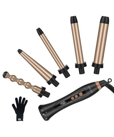 Prizm 5-in-1 Curling Iron Wand Set, LED Display, 11 Temp Settings, 0.6 to 1.25 Inch Interchangeable Tourmaline Coating Barrels, Hair Curler for Wavy/Air Bang/Ringlet/Spiral with Heat Resistant Glove