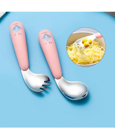 Silent-Qiaoyou Children's Cutlery Set - Heat-Resistant Stainless Steel Training Spoons & Forks Pink Curved Baby Feeding Utensils - Buy Online on GoSupps.com