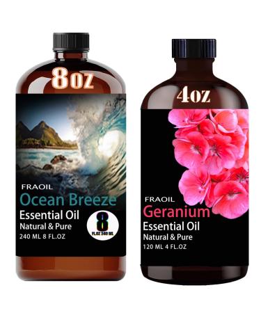 Ocean Breeze Essential Oil 8 Fl Oz and Geranium Essential Oil 4 Fl Oz for Diffuser Humidifier Yoga Cleaning DIY Candle Soap Making Perfume Gift for Essential Oils