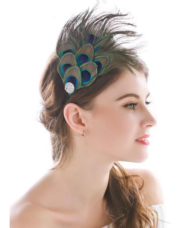 Aukmla Peacock Feather Headband Green 1920s Flapper Headpiece Rhinestones Costume Headdress Hair Accessories for Women and Girls