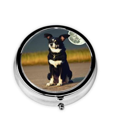 Dog Under Moonround Pill Box 3 Compartment Round Pill Box Organizer Portable Travel Pill Box for Traveling.