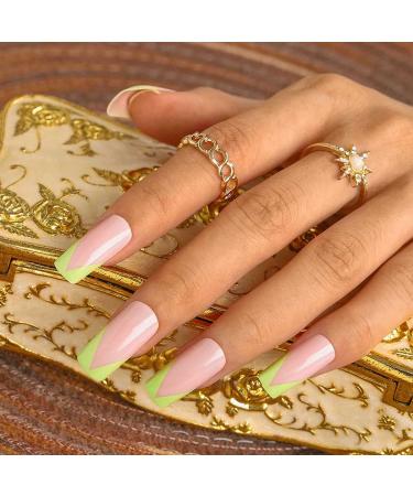 Sethexy French square false fingernails green false nails glossy nails glue 24st acrylic art you press on nail tips for women and girls