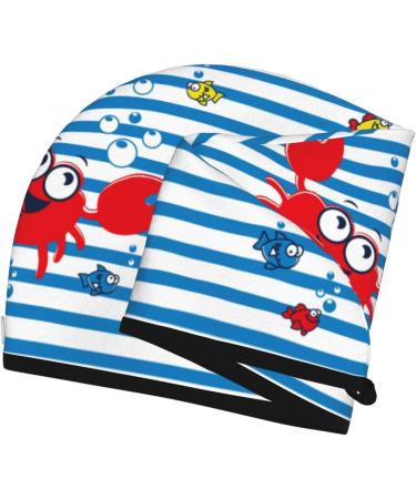 Hair Towel Wrap - Quick Drying Towel Turban with Button | Funny Crab Design on Blue Stripe - Buy Online on GoSupps.com