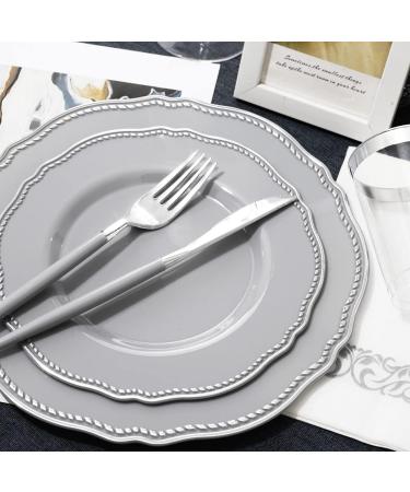 Hioasis 175pcs Grey Plastic Plates&Silver Disposable Silverware with Grey Handle&Clear Cups&Napkins Served for 25 Guests-Grey and Silver Dinnerware for Weddings&Parties Holiday Events - Buy Online on GoSupps.com