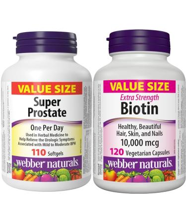 Webber Naturals Super Prostate 110 Softgels Helps Relieve Urological Symptoms & Biotin 10 000 mcg Extra Strength 120 Capsules Supports Healthy Hair Skin & Nails Energy Metabolism Vegan Super Prostate + VITAMIN 3908