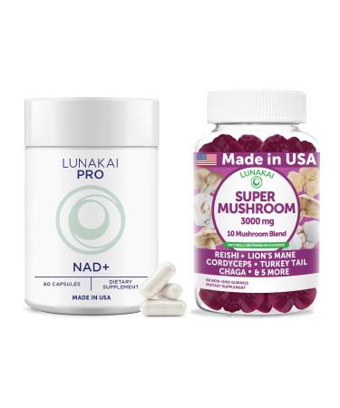 Lunakai USA Made PRO NAD+ Capsules + Super Mushroom Gummies Bundle 60 Capsules + 60 Gummies