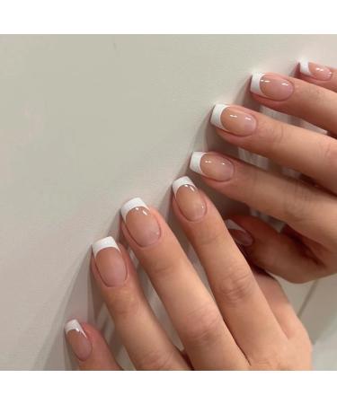 DMQ French Fake Nails 48Pcs False Nails Medium Short Nude Full Cover Press on Nails in 12 Different Sizes with Nail Glue Stick on Nails Manicure Set for Women Girls Nail Art (48Pc Nude French)
