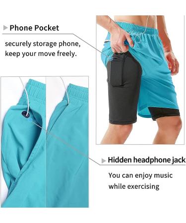 TENJOY Men's 2 in 1 Running Shorts - Quick Dry Athletic Workout Shorts with Phone Pockets (Light Blue, Large) - Buy Online on GoSupps.com