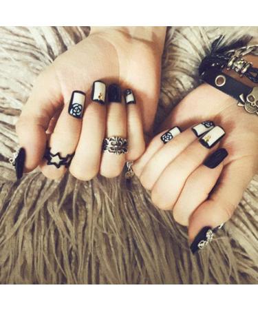 Hujl 24-Piece Bling Bowknot Punk Black & White Artificial Nails Set | Easy Full Lid Nail Art for Stunning Looks - Buy Online on GoSupps.com