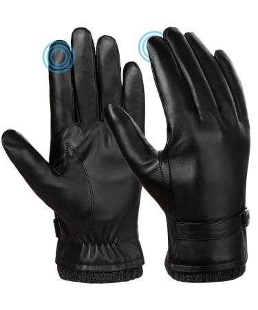 Eefow leather gloves men's touchscreen gloves winter - outdoor sports thermo bicycle gloves with anti -slip wind density for running bike fitness motorcycle MTB winter gloves black l